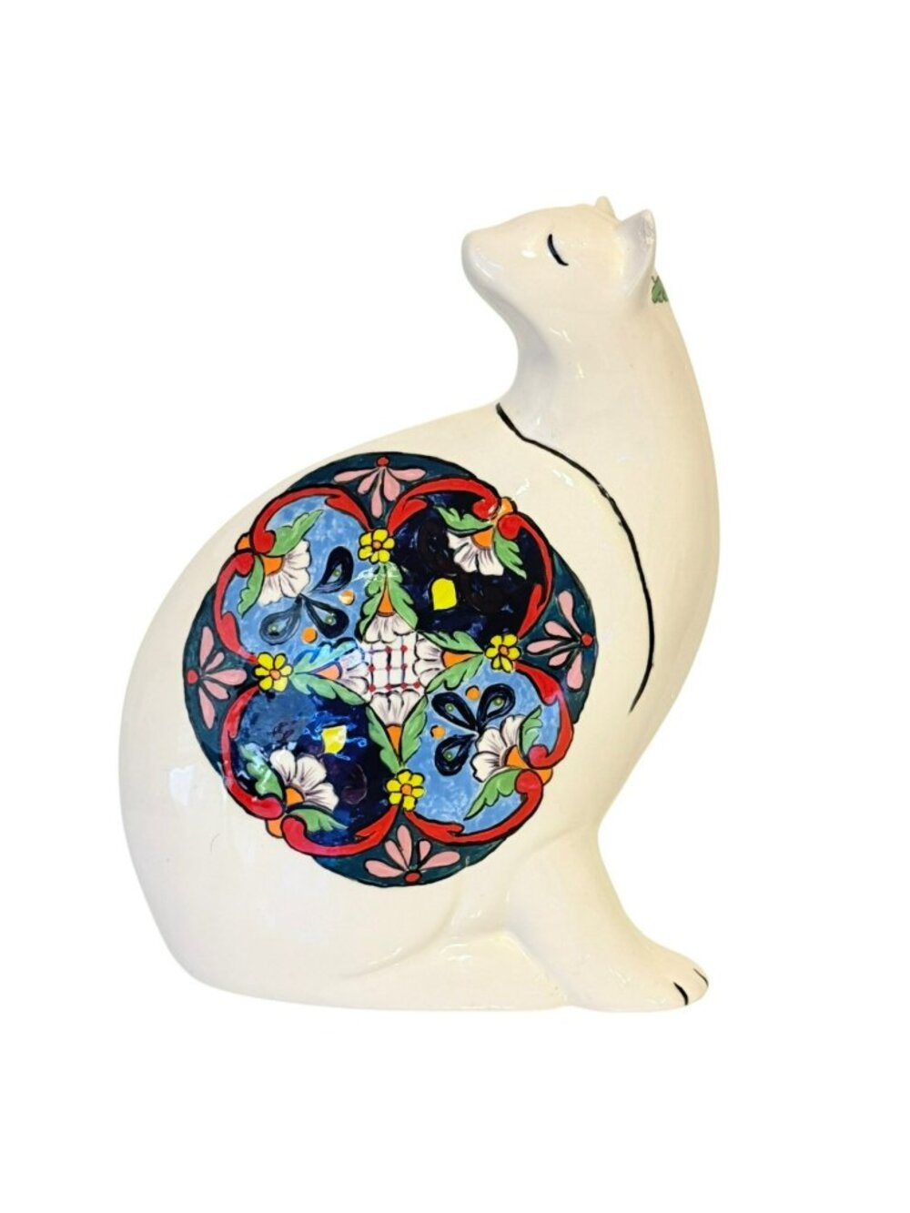 Vintage Hand Painted Ceramic Cat Figurine Sybille Floral Folk Art 12" Tall